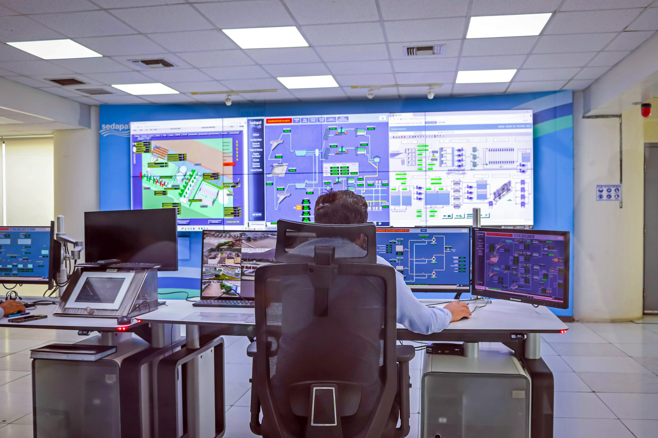 An image of an operator at a workstation facing multiple desktop screens and a large wall display showing system schematics inside a control room.