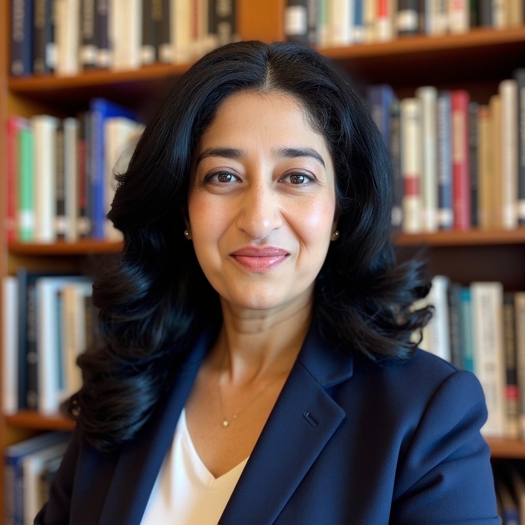 Image of Ramya Ravichanar, PhD in front of a filled bookshelf.