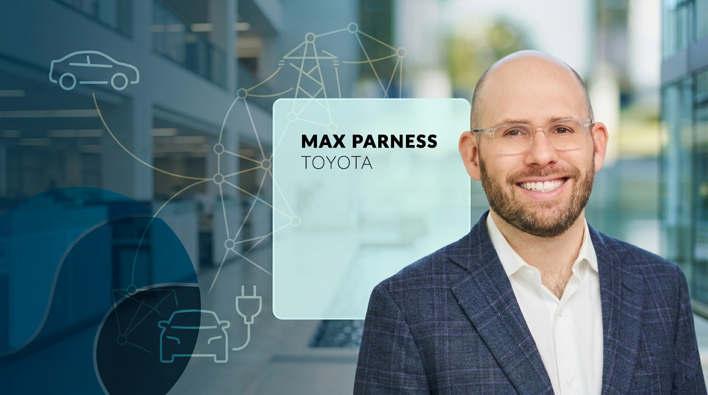 Image of Max Parness with "Toyota" written under his name and a abstract graphic of a connected vehicle network behind him.